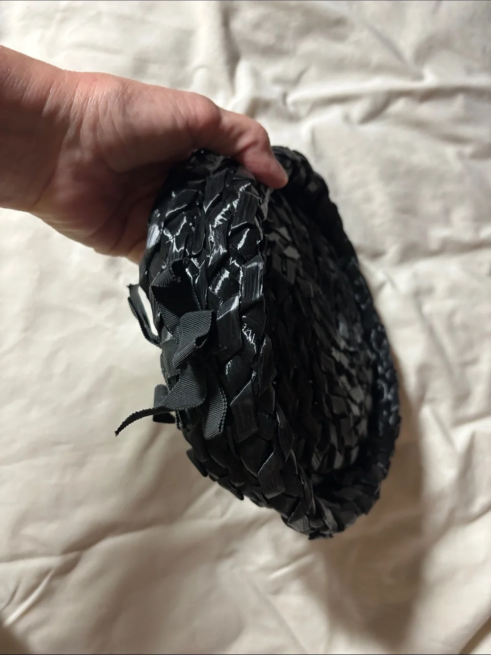 Vintage Black Woven Straw Cloche Hat